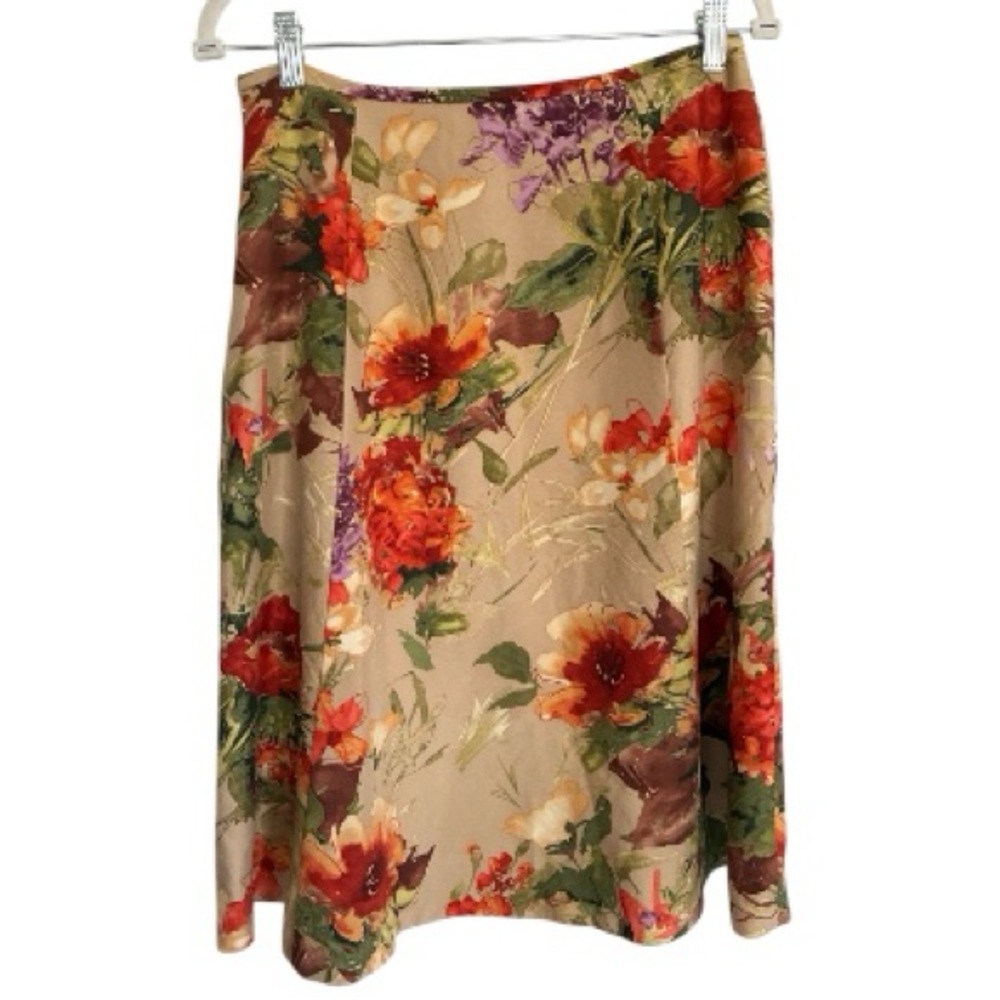 Vintage Talbots Silk and Wool Beige Skirt Red & Green Floral Size 10 Upcycle